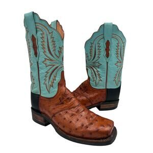 Vintage Lucchese  7.5 Full Quill Ostrich Brown & Turquoise Western Cowgirl Boots